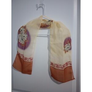 Vintage 1970s Sheer Floral Chiffon Scarf Rust Ombre Medallion Stripe Oblong 8x44